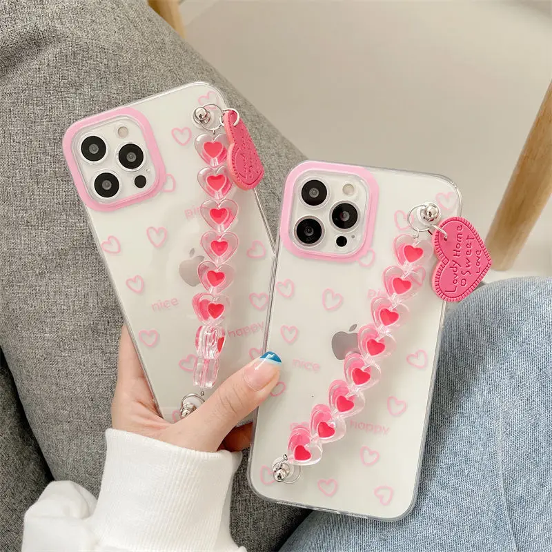 

Модный чехол для телефона IPhone 12 Pro 11 Pro Max XR X XS Max 7 8 Plus SE2020, Мягкая силиконовая задняя крышка, милый браслет с сердечками
