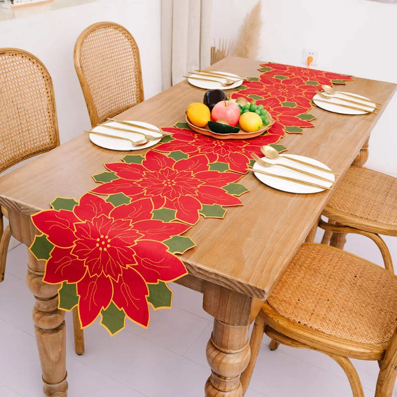 

New Christmas Decorations Christmas Flower Table Runner Restaurant Hotel Festive Atmosphere Decoration Red Home Tablecloth