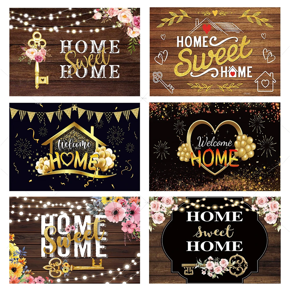 

Housewarming Home Sweet Home Photography Backdrop Key Flowers Shining Lights Decoration Rustic Wood Floor Background Photo Booth
