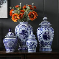 ceramic storage jar flower vase blue and white porcelain general jar with lid crafts countertop decoration jars home decoration