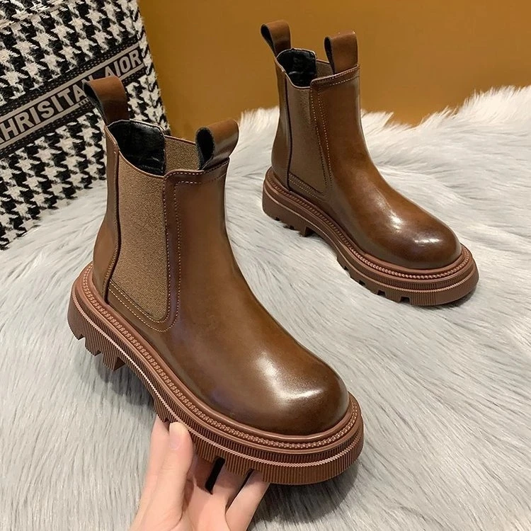 

2021 New Chunky Boots Fashion Platform Women Ankle Female Sole Pouch Ankle Botas Mujer Round Toe Slip-On Botas Altas Mujer