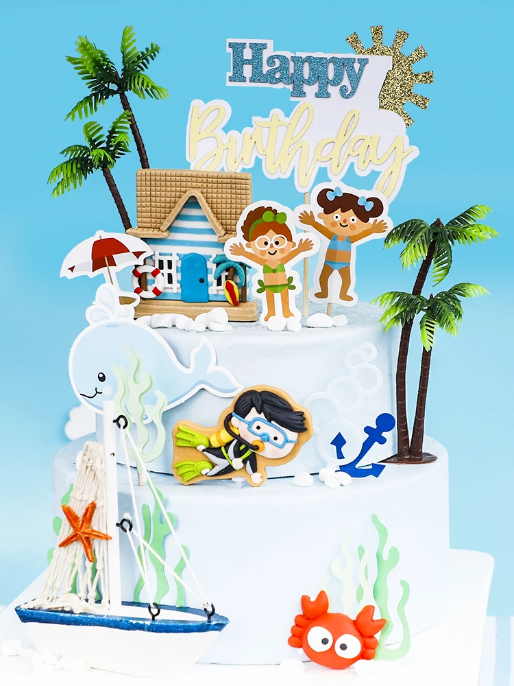 

Summer Beach Seabed Baking Happy Birthday Ocean Cakes Topper Ocean Animal Decoration Boy Children Birthday Party Decors Supplies
