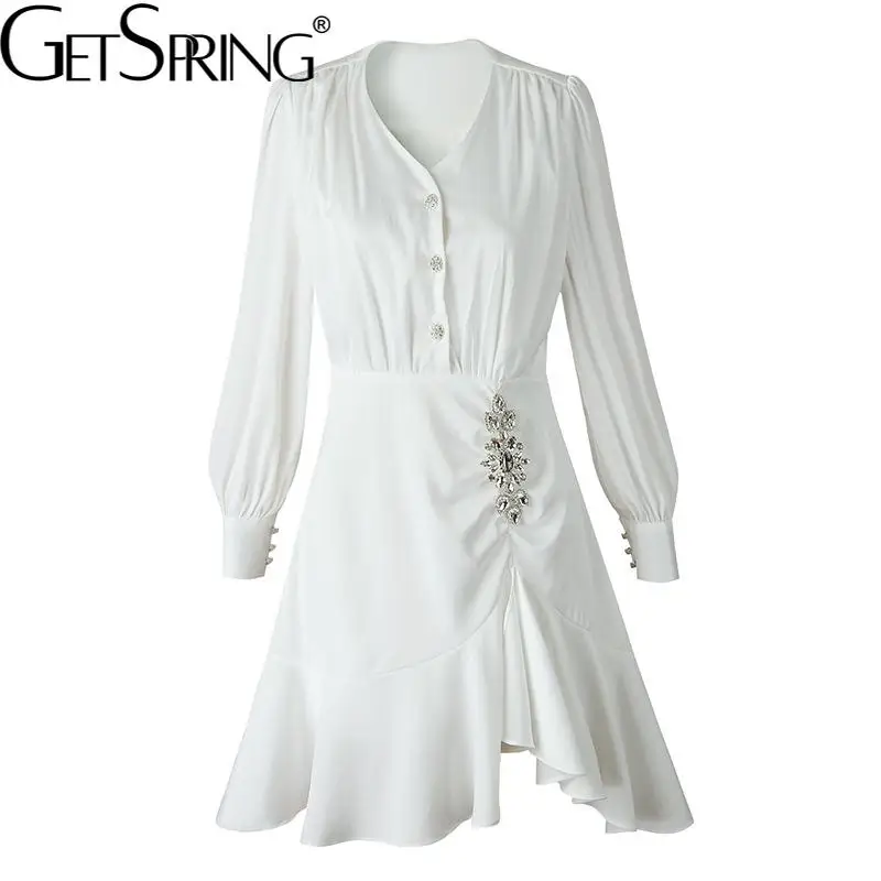 

Getspring Women Dress Ruffles Patchwork Asymmetry White Party Dress Lantern Sleeve V-neck Vintage Sexy Dresses Spring And Autumn