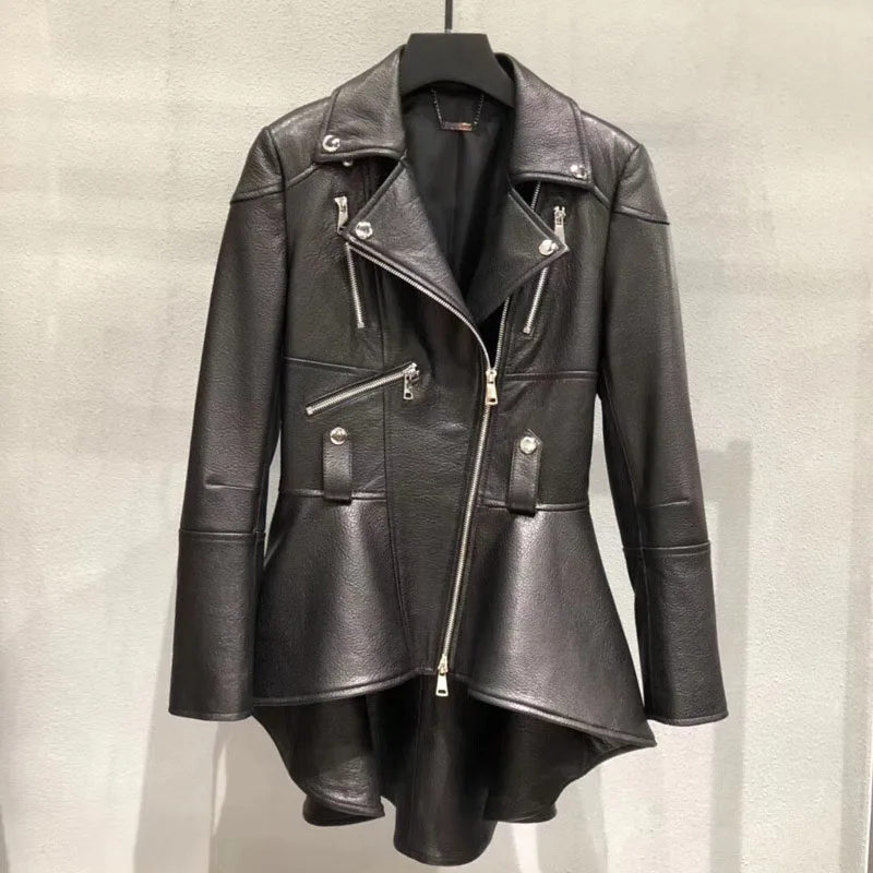 

Real OL Style Womens Leather Jacket Streetwear Lapel Slim Sheepskin Coat Fashion 2021 Black Long Sleeve Office Outerwear S-XL