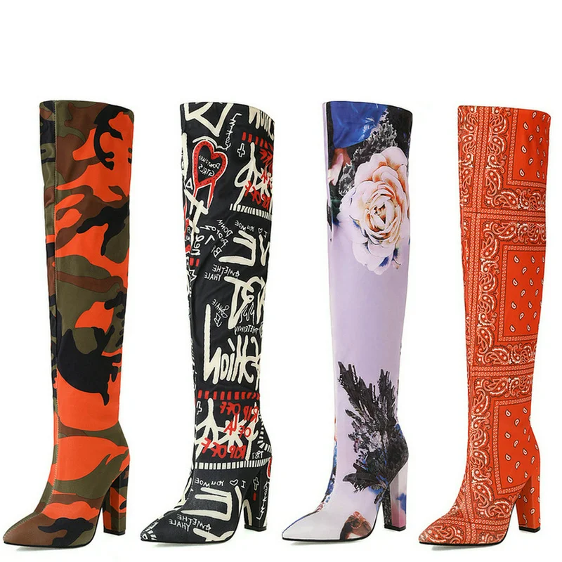 

2021 Stretch Fabric Women Over the Knee Boots Pointed Toe Square High Heel Women Thigh Boots Slip on Party Ladies Long Boots