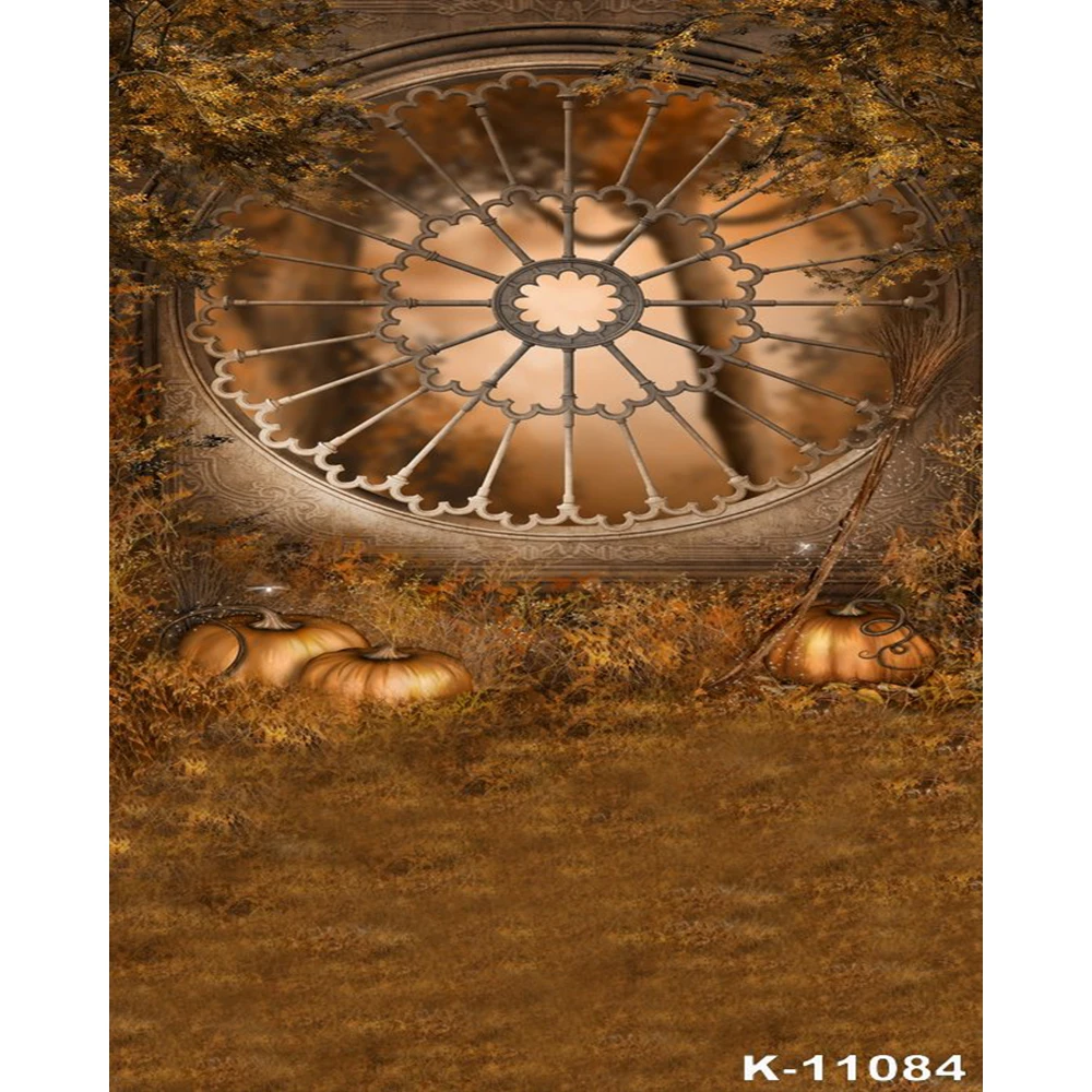 Фоны для фотосъемки осенние желтые ветки круглые окна стены Тыква Хэллоуин фоны