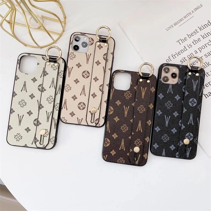 

Luxury Brand Square Leather Phone Case For IPhone 12mini 11 Pro XS MAX XR SE 7 8 Plus Wrist Strap Back cover For Samsung S9 S10