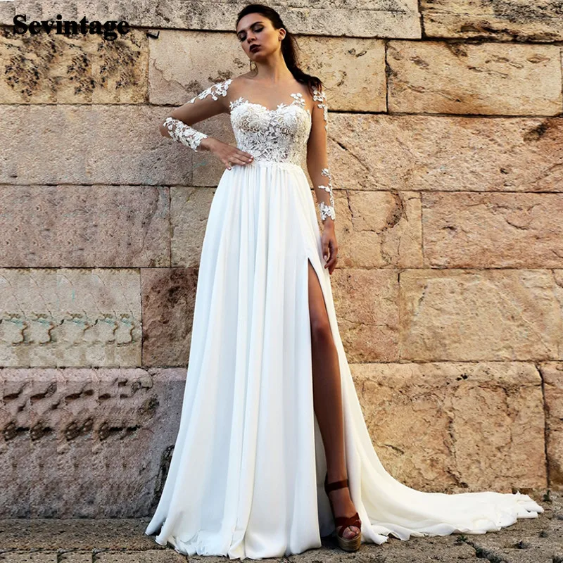 

Кружевное свадебное платье Sevintage с длинными рукавами, с высоким разрезом и аппликацией, блестящее пляжное платье принцессы для свадебной ве...