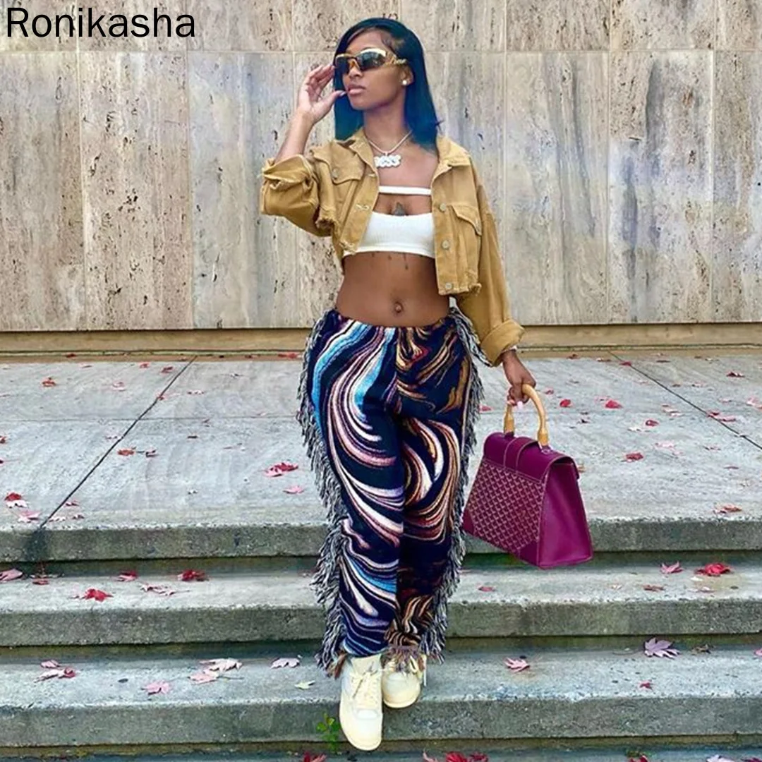 Ronikasha Fall Women High Waist Pants Trousers Fashion Fringed Velvet Pants Street Style Tassel Jogger Sweatpants
