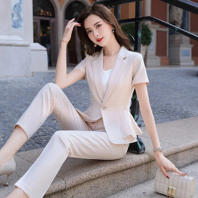 IZICFLY Summer Style New Beige Slim Professional Business Two Piece Blazer Set Women Pants Suit Office Work Wear Black