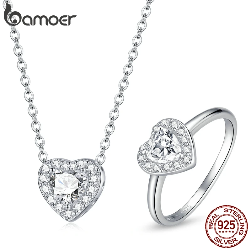 

bamoer 925 Sterling Silver Heart Stone Necklace Chain Ring Bright Love Jewelry Set CZ Wedding Engagement Fine Jewelry ZHS231