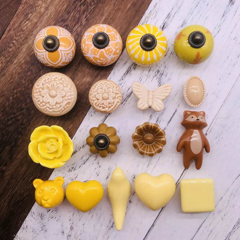 Яркие желтые керамические дверные ручки разные узоры кухонная ручка для шкафа