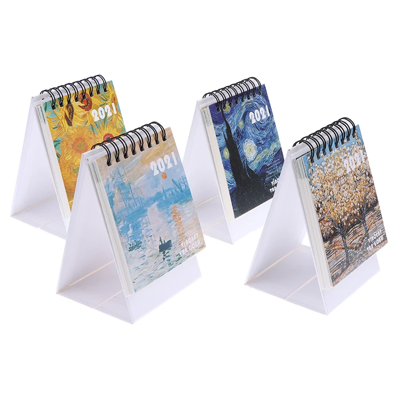 

2021 Oil Painting Series Mini Desk Calendar Retro Office Home Accessories Creative Coil Desktop Decoration Notes