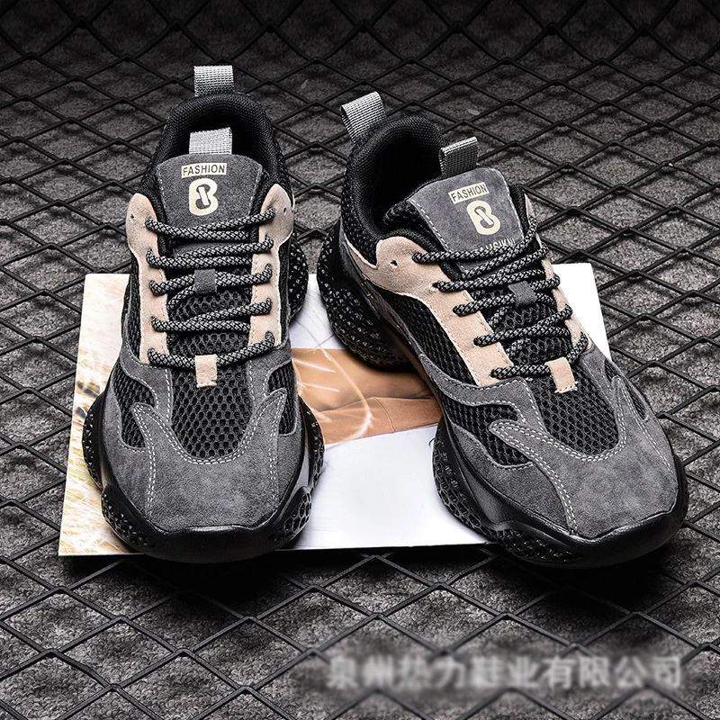 

New Men Sneakers Spring Autumn Leather Mesh Patchwork Street Trend Platform Casual Sport Dad Shoes