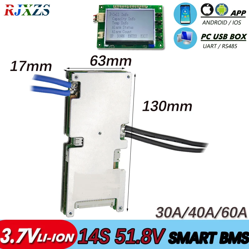 BMS 14S 30A/40A/60A Active Smart 48V New Lithiu Ion с Android Bluetooth APP внешний UART монитор программного