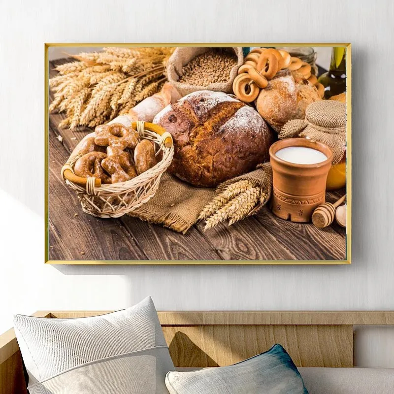 

Food Poster Bread Milk Wheat Nuts Canvas Painting for Kitchen Home Room Decor Paintings for Interior Wall Art Picture Cuadros