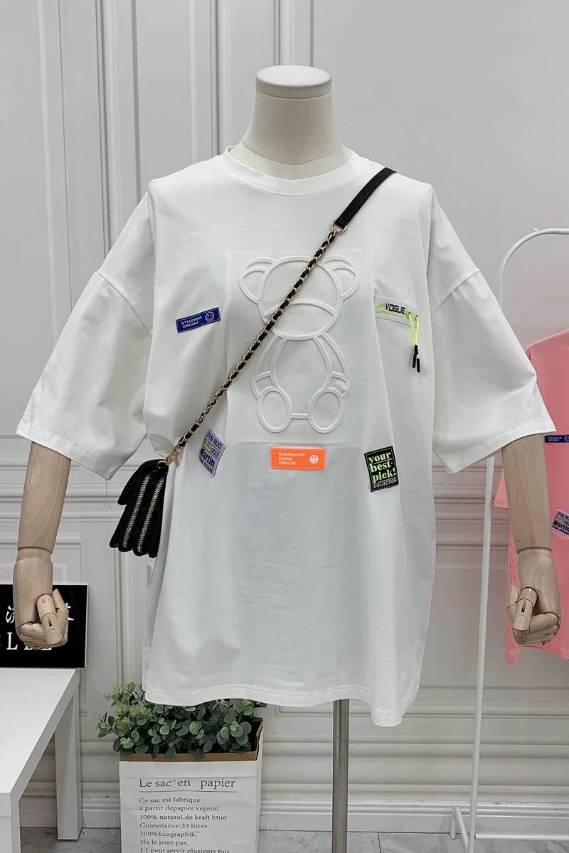 

Three-Dimensional Concave-Convex Bear Short-Sleeved T-shirt Women's Large Size Loose Mid-Length Korean Summer New Tops
