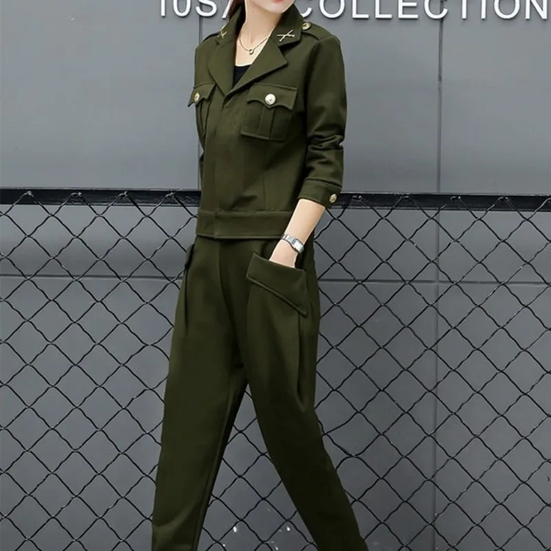 Женский армейский зеленый пиджак с лацканами и брюки султанки комплект из 3