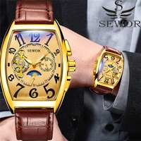 sewor watch men tonneau dial tourbillon watches luxury gold automatic mechanical wristwatches men moon phase relogio masculino