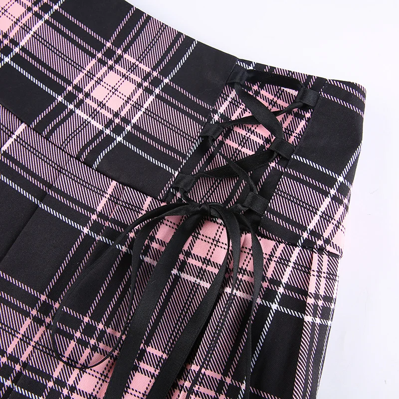 

Lace Up Women A-Line Plaid Mini Skirts For Lady Harajuku Punk Style Sexy Nightclub Club Pleated Skirt Jazz Dance Clothing New