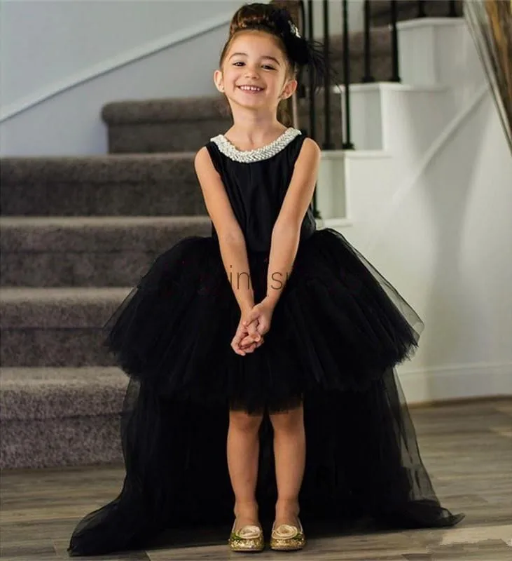 

Black High Low Girls Pageant Dresses Jewel Backless Hi-Lo Beads Bow Puffy Flower Girl Dress Child Birthday Party Gowns Kids Wear