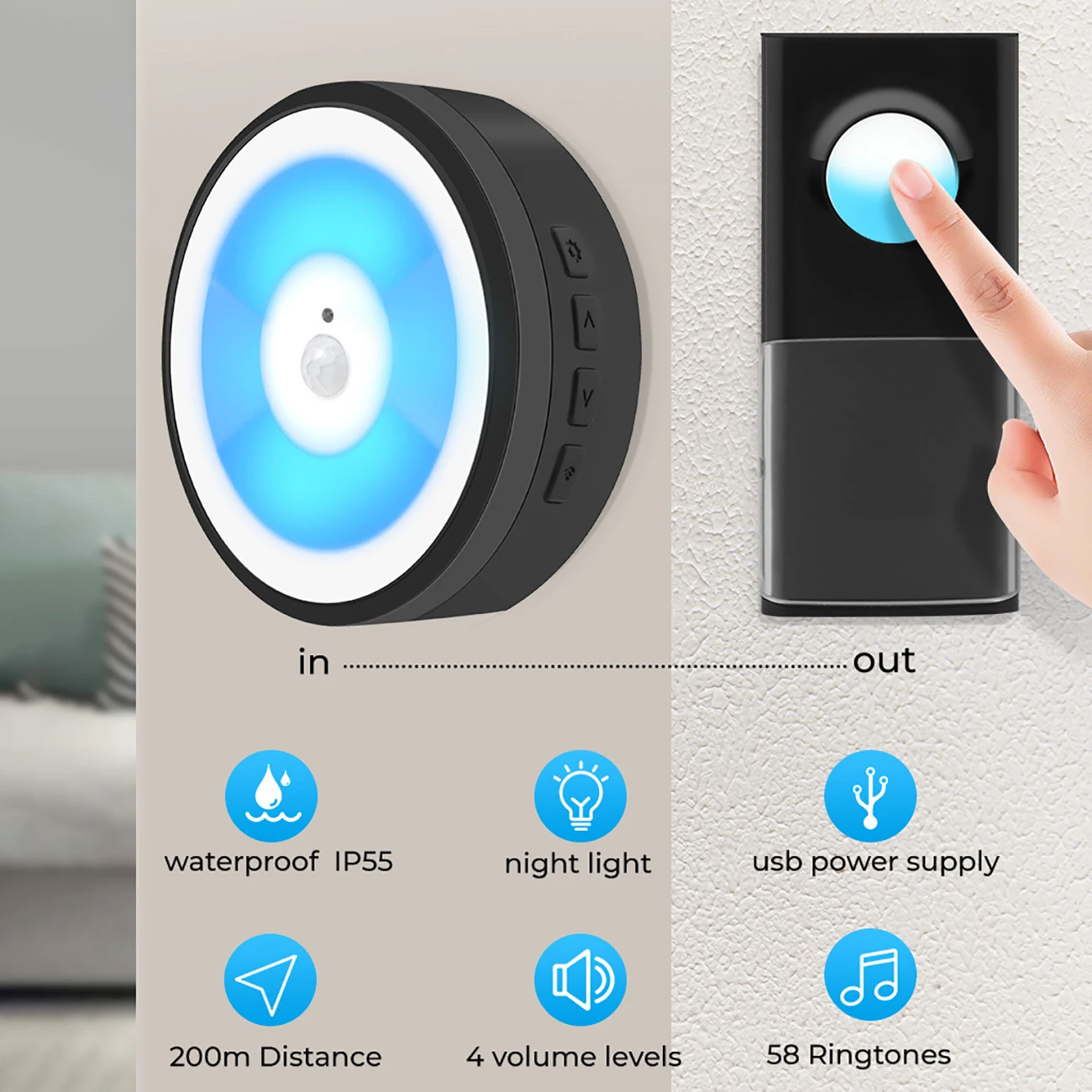 

6 Types USB Powered IP55 Waterproof Wireless Smart Doorbell Door Bell Ring Chime Call 433MHZ LED Night Light Home Plug-Free