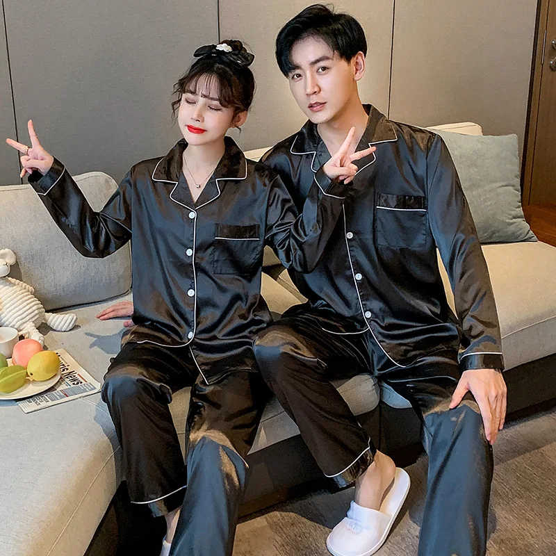 

Sets Couple Ice Silk Women two-piece suit Pajamas High Quality Fashion Home Wear Hot Sale Set Women Long Sleeve Cardigan Pajamas