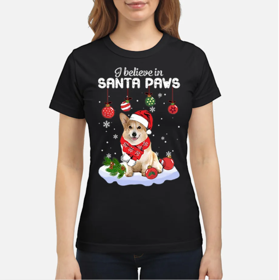 Женская рождественская футболка Corgi I Believe In Santa Paw|Футболки| |