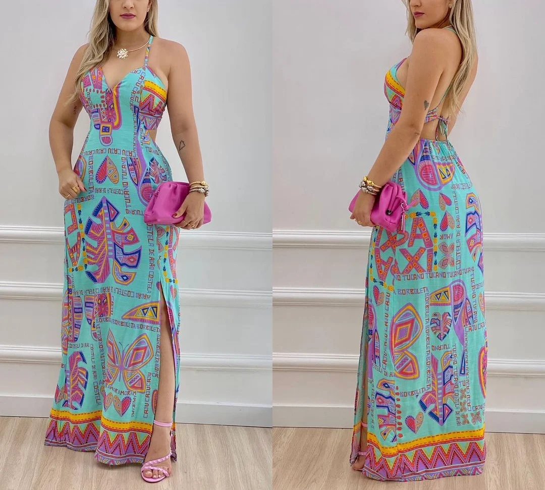 

Printed Sling Halter Lace-up Floor Long Dress Female 2021 Spring and Summer Fashion Leaky Chest Sexy Dress