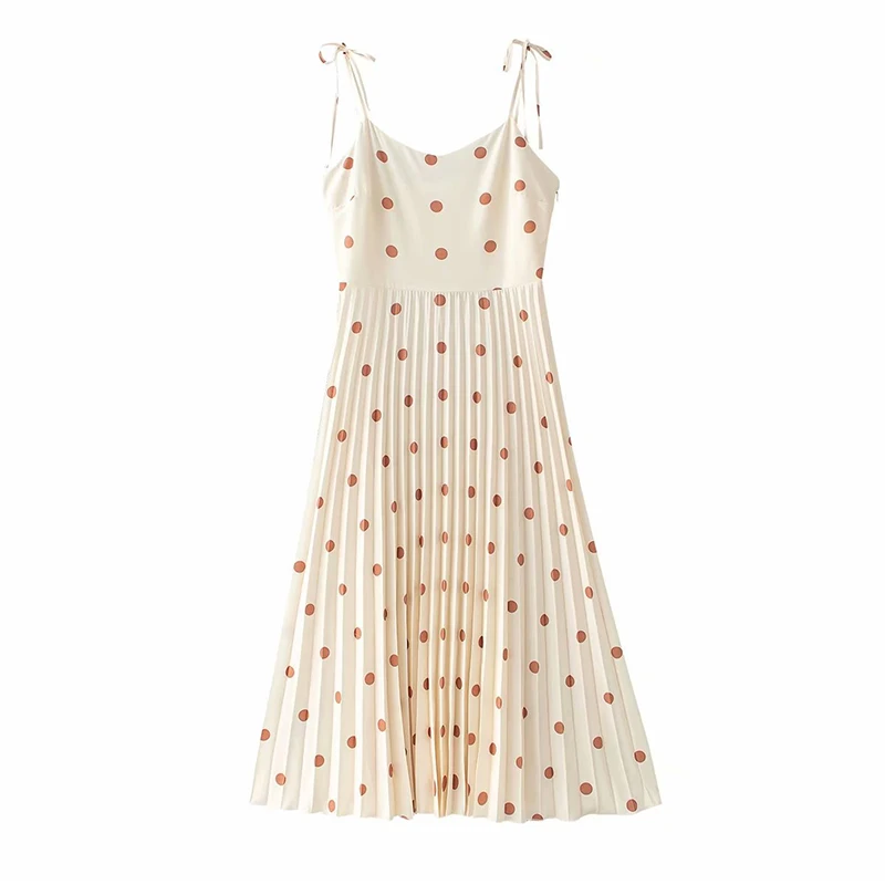 

Dots Print Women's Dress Spaghetti Strap Pleated V-neck Sleeveless Ladies Dresses 2021 Summer Sweet Holiday Ladies Midi Dress