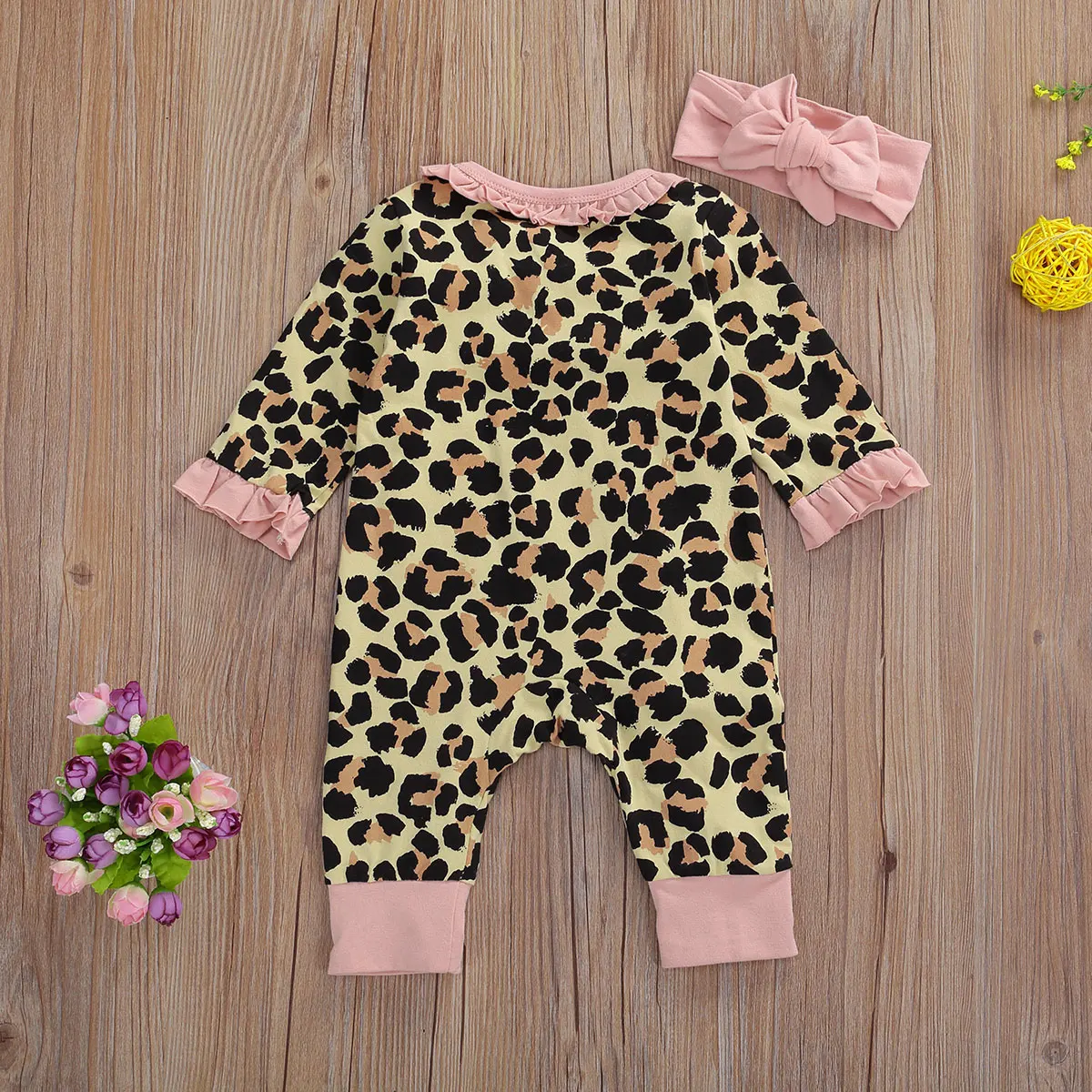 

Infant Newborn Baby Girls Ruffled Long Sleeve Romper Headband Leopard Print V-Neck Long Sleeve Jumpsuit Headwear