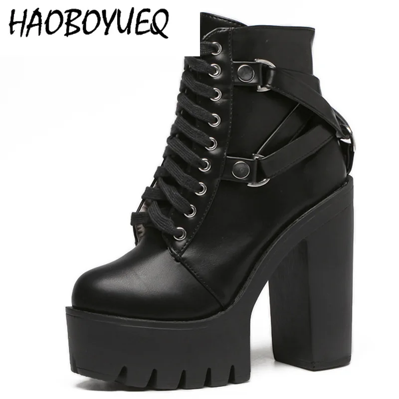 

Women Winter Ankel Boots Lace-up Soft Leather Platform Shoes Block Heel Gothic Black zipper High heel Sexy Nightclub Short boots