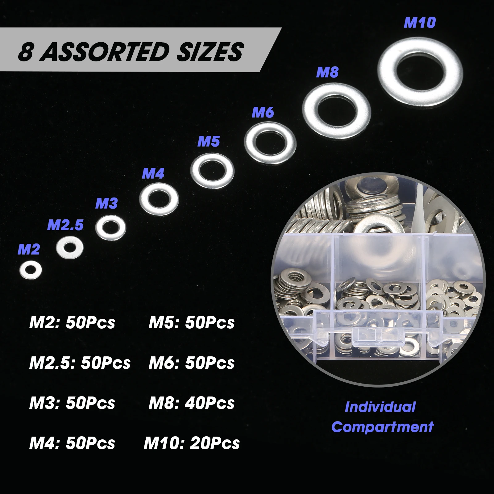 

360Pcs Stainless Steel Washer Metal Gasket Flat Sealing Ring Seal Assortment Kit with Storage Case 8 Sizes Hardware Accessory