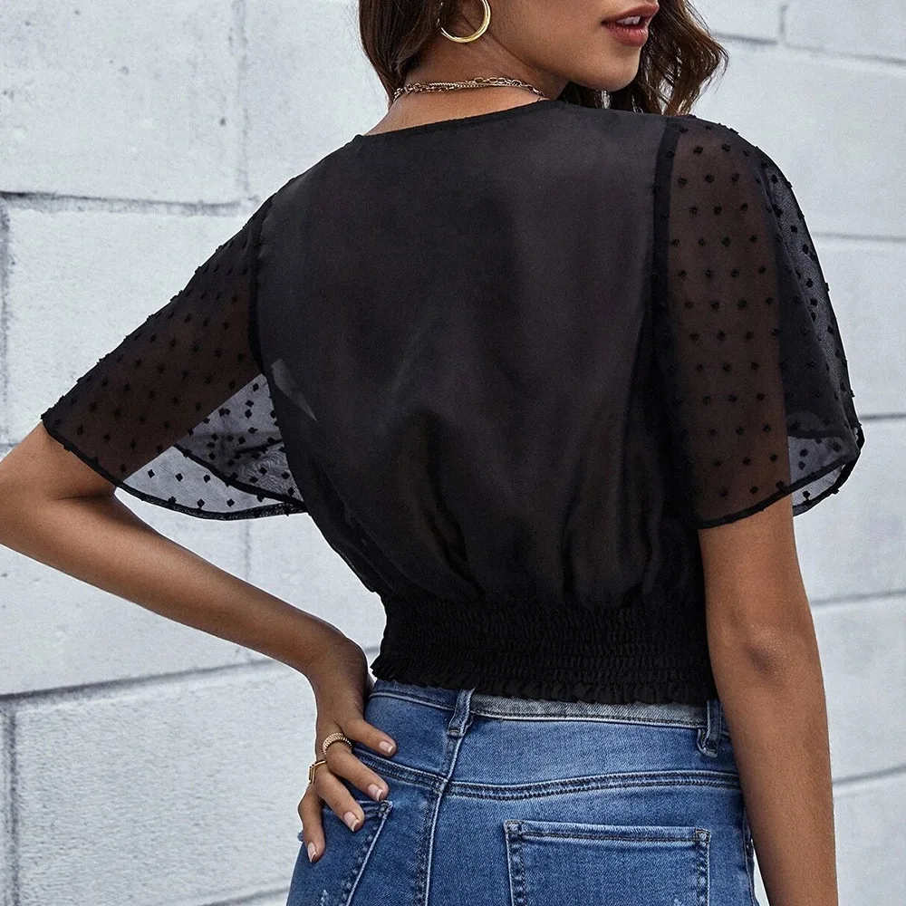 

Western Style Blouse Fashion Temperament 2021 Spring Summer Solid Color Loose Casual Navel Sexy Flared Sleeves V-neck