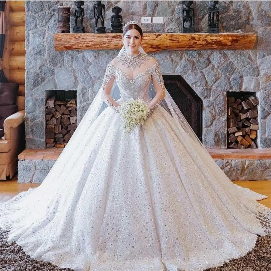 

Luxurious A Line Crystals Wedding Dress Long Sleeve Muslim Sequins Bridal Gowns Custom Made Applique Plus Size vestido de novia