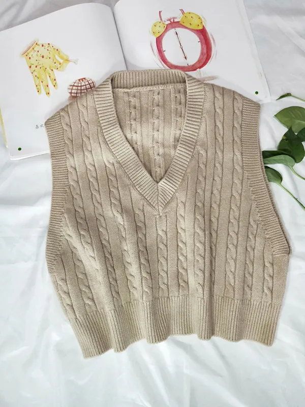 Khaki Vest Сделанный из пряжи Для женщин пуловер без рукавов, Осень-зима, корейский стиль Винтаж v-образный вырез короткий вязаный шерстяной свитер, жилет зеленого T380 - Цвет: Khaki Vest