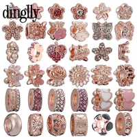 dinglly rose gold beaded flowers charm fit diy bracelets necklace shiny rhinestone leaves butterfly beads jewelry accessory
