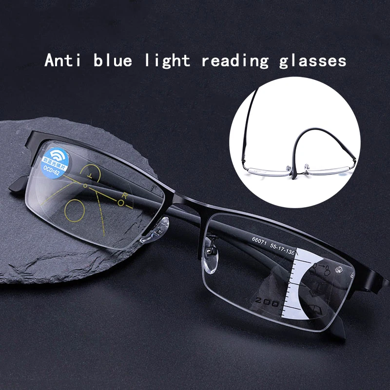 

Half Rim Metal Frame Reading Glasses Computer Blue Light Blocking Eyewear Rectangle Flexible Progressive Hyperopia Eyeglasses