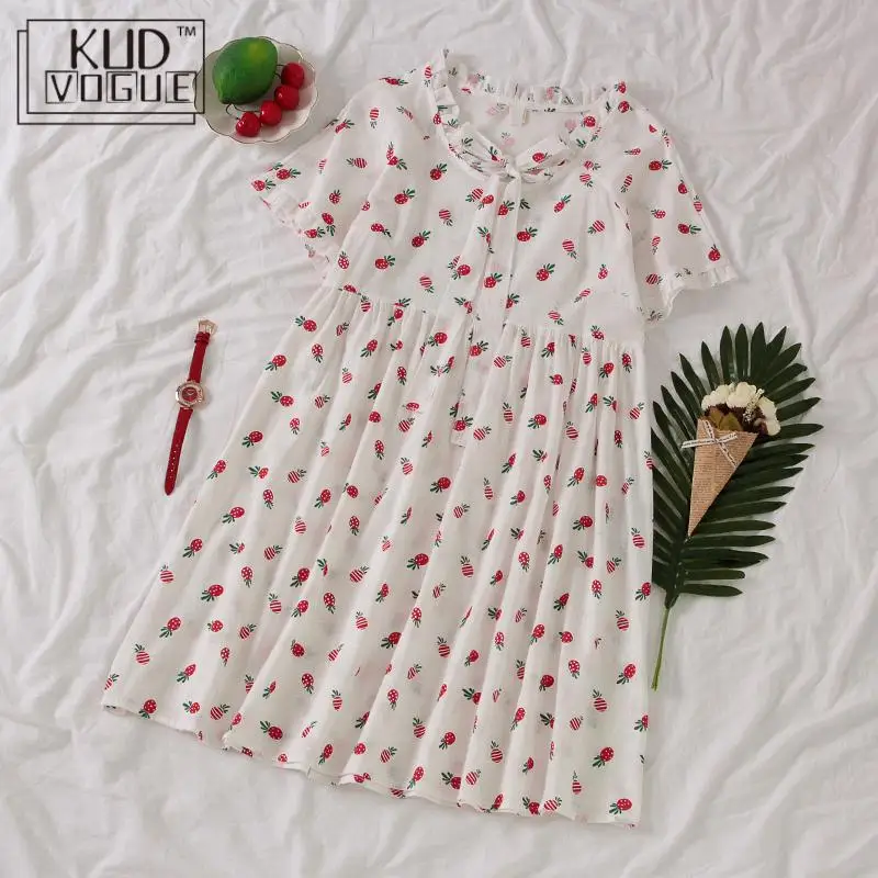 Женское короткое платье с принтом фруктов белое хлопковое большого размера