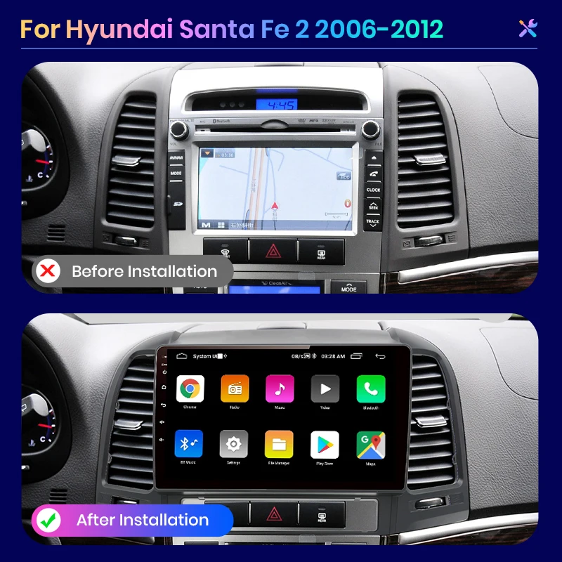 Автомагнитола AWESAFE PX9 для Hyundai Santa Fe 2 2006-2012 с мультимедийным видеоплеером GPS, без DIN, Android 10.0, 2 ГБ + 32 ГБ включено.