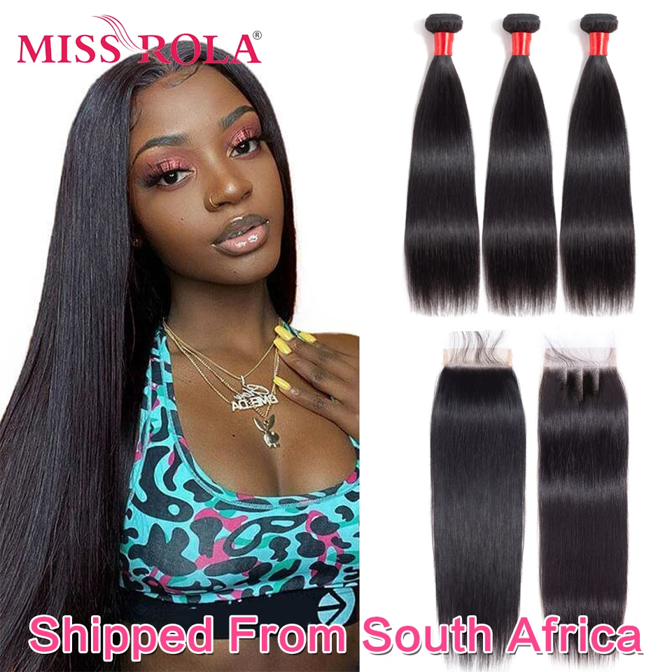

Miss Rola Brazilian Hair Weave Bundles 100% Human Hair Remy Straight Hair Extensions Natural Color 3 Bundles With Lace Closure