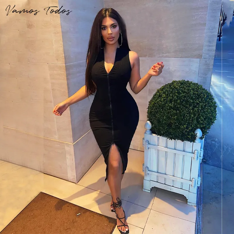 

Vamos Todos 2021 Parti Dress For Parti Women Evening Short Black Sexy Bodycon Dress Zipper Summer Fashion Classy Woman Clothing