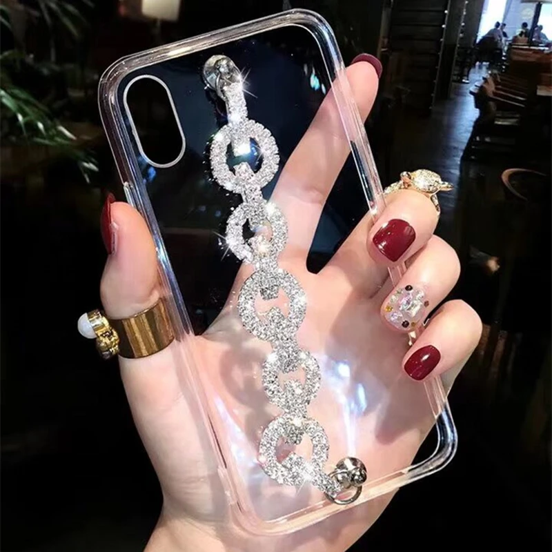 new hot diamond transparent case for iphone 11 pro max 7 8 6 6s plus x xr xs max 11pro luxury jewelled wrist strap back case free global shipping