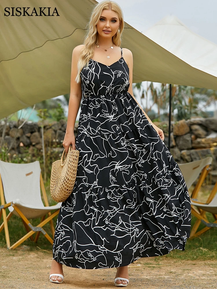 

Siskakia Ladies Sling Long Dress Summer 2021 Black Floral Multi-layer V-neck Swing leisure Holiday Clothes