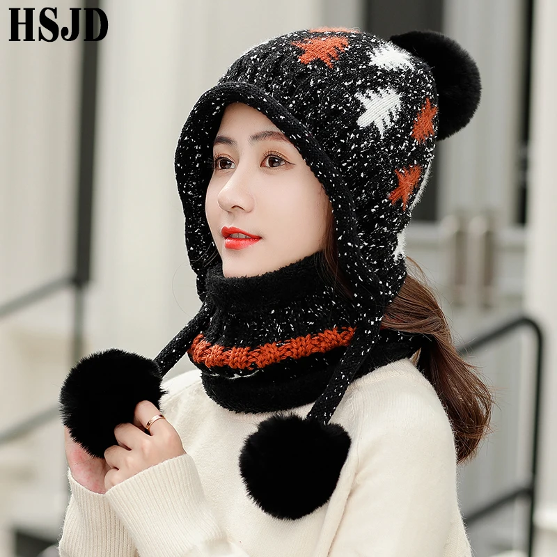 Women Winter Beanies Hats With Three Pompom Ball Plush Thick Warm Ear Hat Sweet Caps for Girls Skullies Female Cap Gorro | Аксессуары