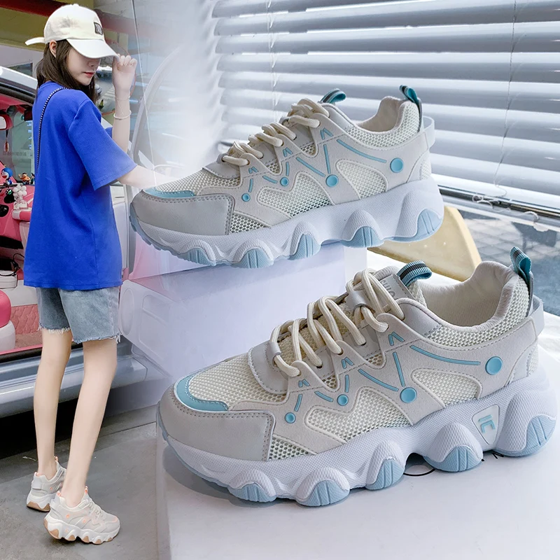 

2021 Women Platform Sneakers Fashion Korean Casual Chunky Sport Breathable Mesh Shoes Lace-Up Vulcanized Shoes Female