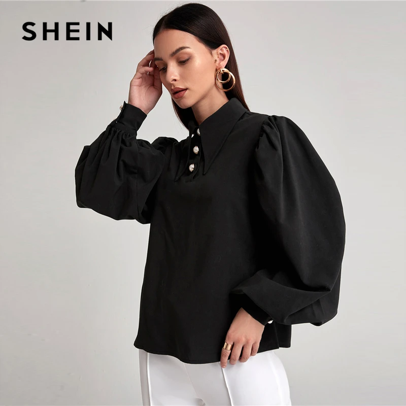

SHEIN Collared Lantern Sleeve Buttoned Front Elegant Blouse Women Autumn Solid Office Ladies Vintage Tops and Blouses