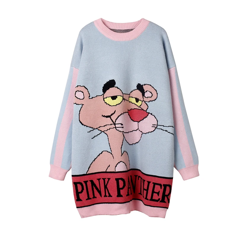 Женский свитер свободного покроя Длинное свободное платье-свитер с мультяшными