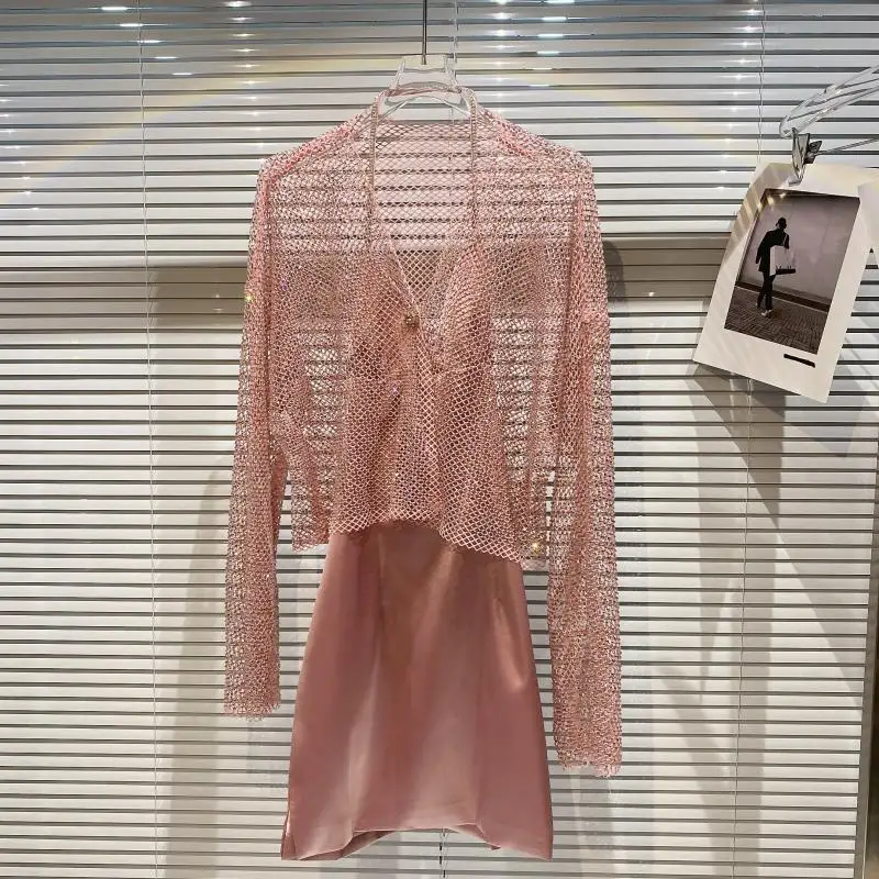 

Brilliant Rhinestones Hollow Out Coat Outer+Sexy Suspenders Silk Dress 2021 Summer Women's Fashion Street Clothing Two-Piece Set