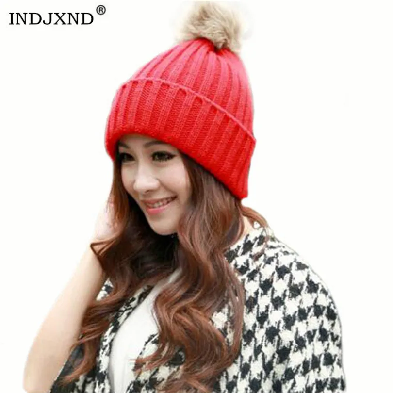 Женские шапки INDJXND вязаные облегающие зимние для женщин с помпоном женские